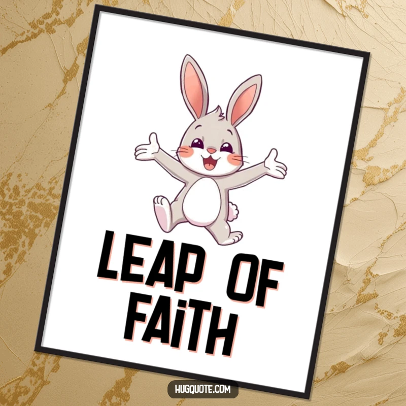 Funny poster art of a bunny character in mid-leap, arms wide open for a cheerful and joyful embrace.
