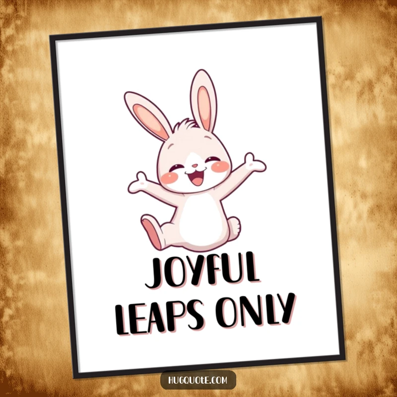 Funny poster featuring a cute bunny character in a joyful leap, arms eagerly extended for a warm and happy embrace.