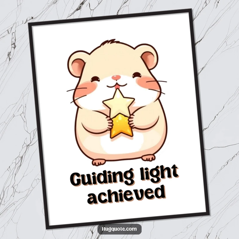 Funny cheerful hamster character hugging a shining star, a heartwarming poster that adds cute humor to any space.