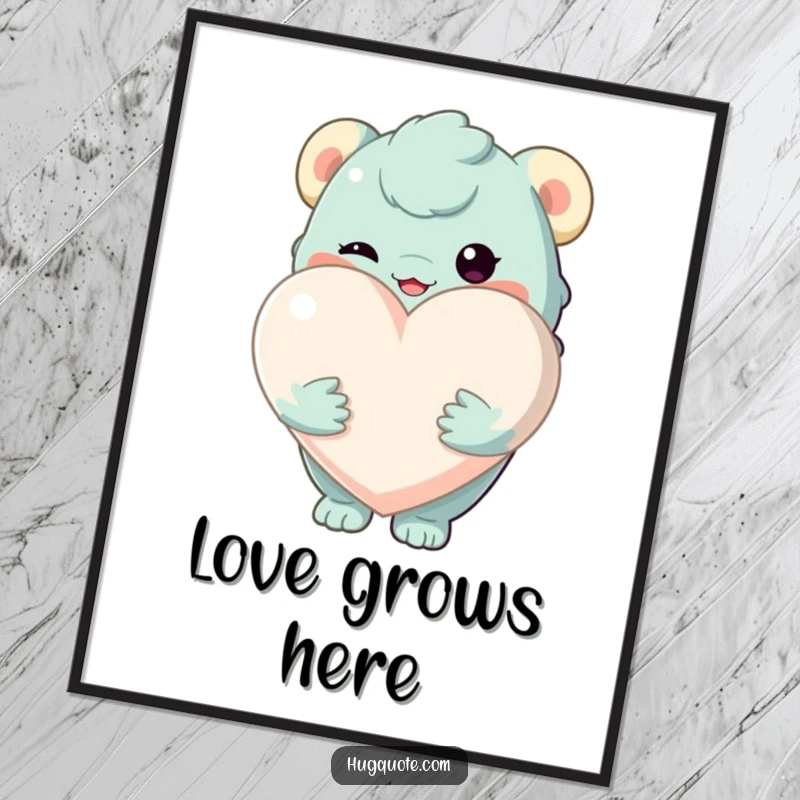 Funny poster showing a creature holding a large, soft heart, embodying love, warmth, and heartfelt expression.