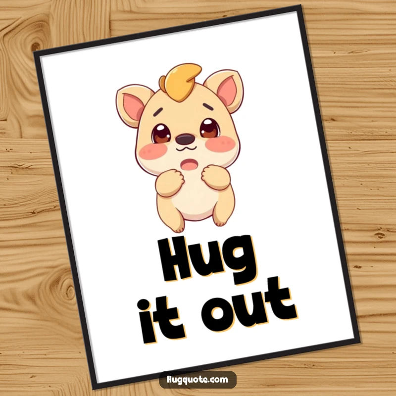 Funny poster showing a curious and excited creature poised to give a warm hug, embodying anticipation and joy.