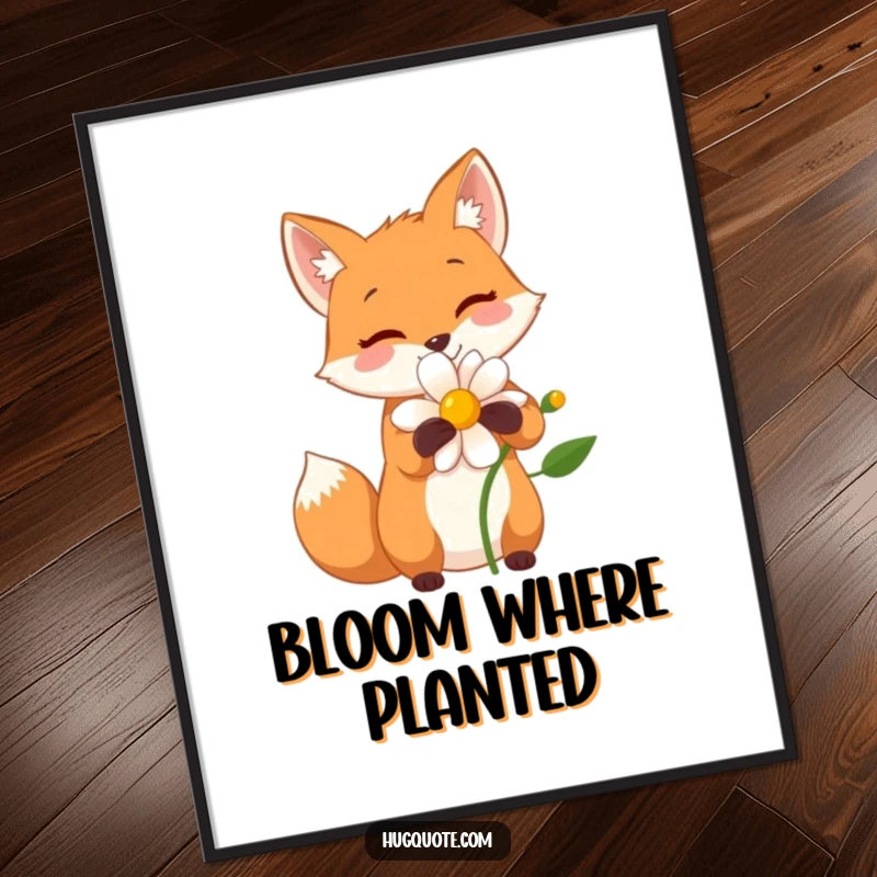 Funny poster art of a small fox character sharing a wide, happy hug with a vibrant flower, celebrating nature.