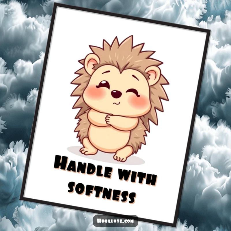 Funny Hedgehog Poster displaying a cute hedgehog in the act of giving a gentle, cautious hug, perfect for wall decor.