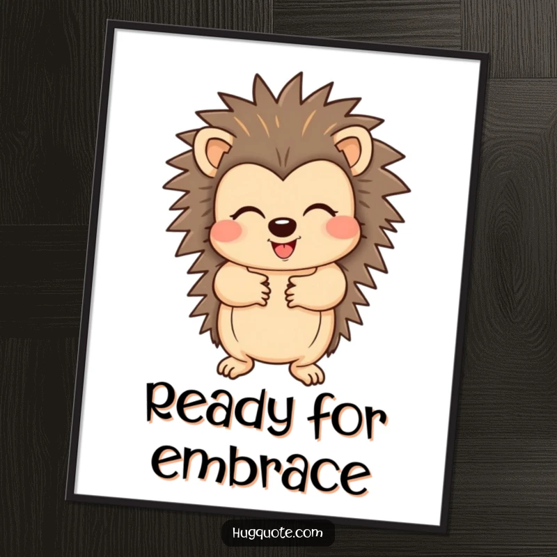 Funny poster depicting a cheerful hedgehog character offering a big hug with its paws, perfect for adding playful charm to decor.