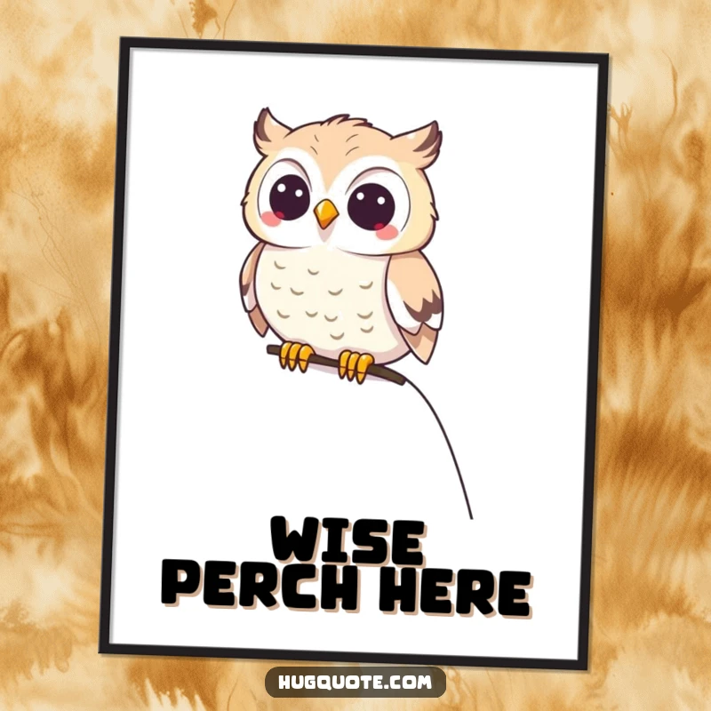 Funny small owl character happily perched on a shoulder, radiating contentment on this delightful wall art.