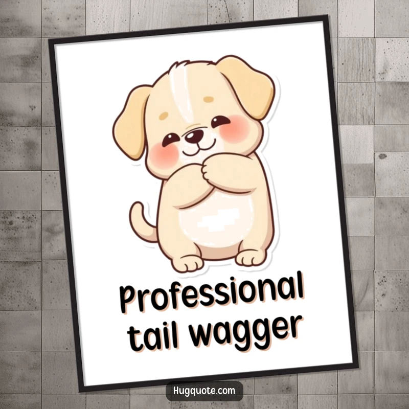 Funny poster featuring a chubby puppy character wagging its tail with excitement during a loving hug, capturing pure doggy bliss.