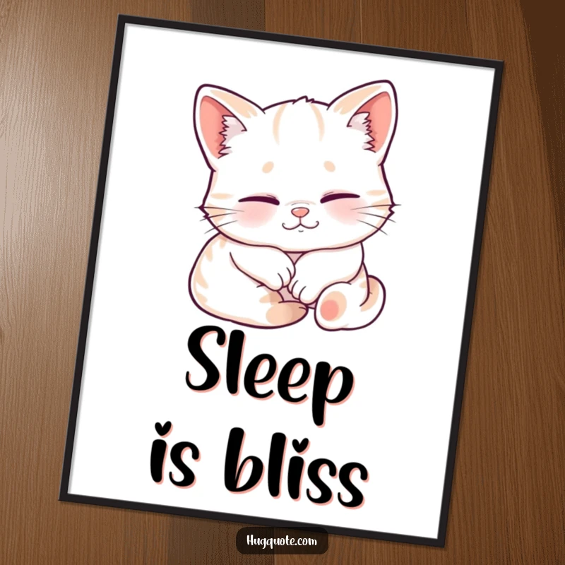 Funny poster print of a sleepy kitten smiling contentedly while being embraced, perfect for creating a cozy and heartwarming atmosphere.