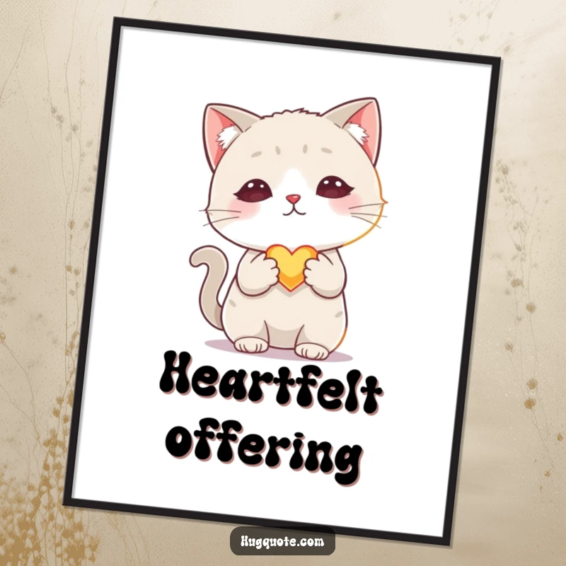 Funny poster art of a shy cat character offering a small, glowing heart with one paw, conveying tender affection and sweetness.