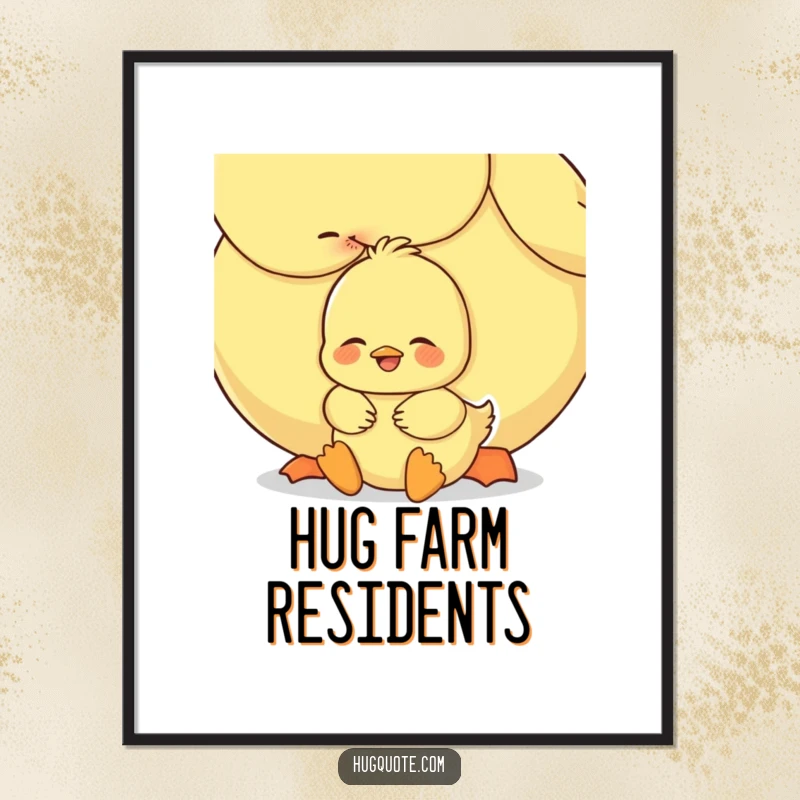 Funny duckling poster with a sweet embrace between a small duckling and a larger one, creating a heartwarming and visually tender art piece.