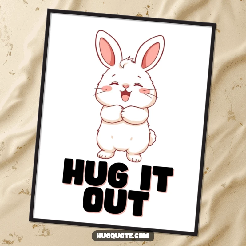 Funny poster print of a fluffy bunny joyfully hugging an unseen friend, perfect for adding a touch of warmth to decor.