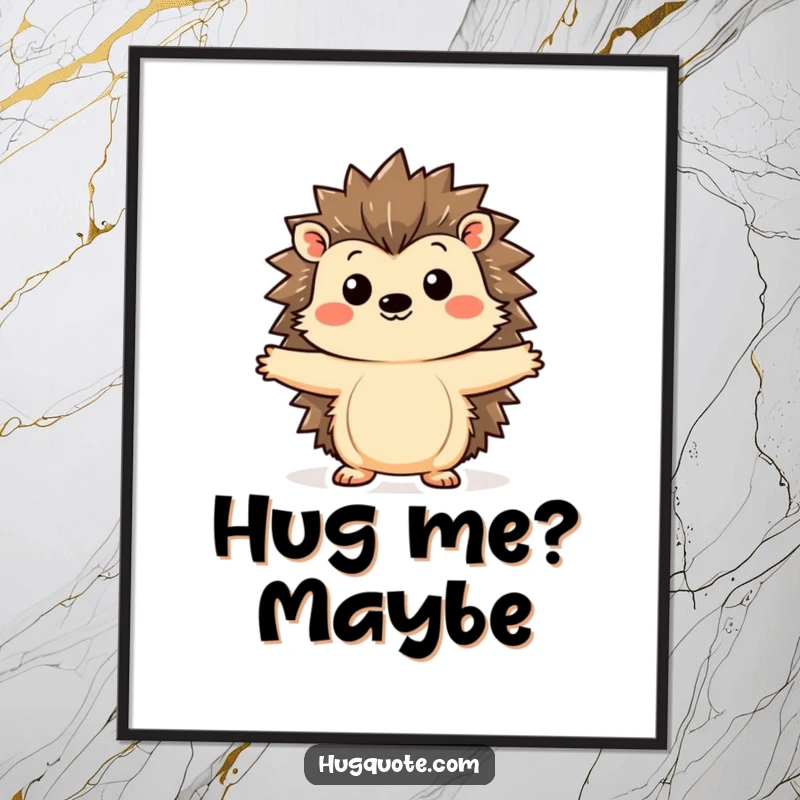 Funny hedgehog poster featuring a kawaii hedgehog curiously extending its arms, inviting a hug, ideal for adding charm and gentle humor.