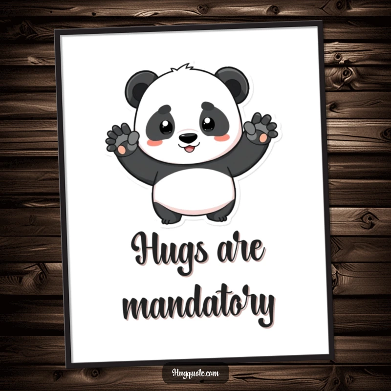 Funny determined panda character stretching arms wide for a big squeeze, a humorous poster for panda lovers.