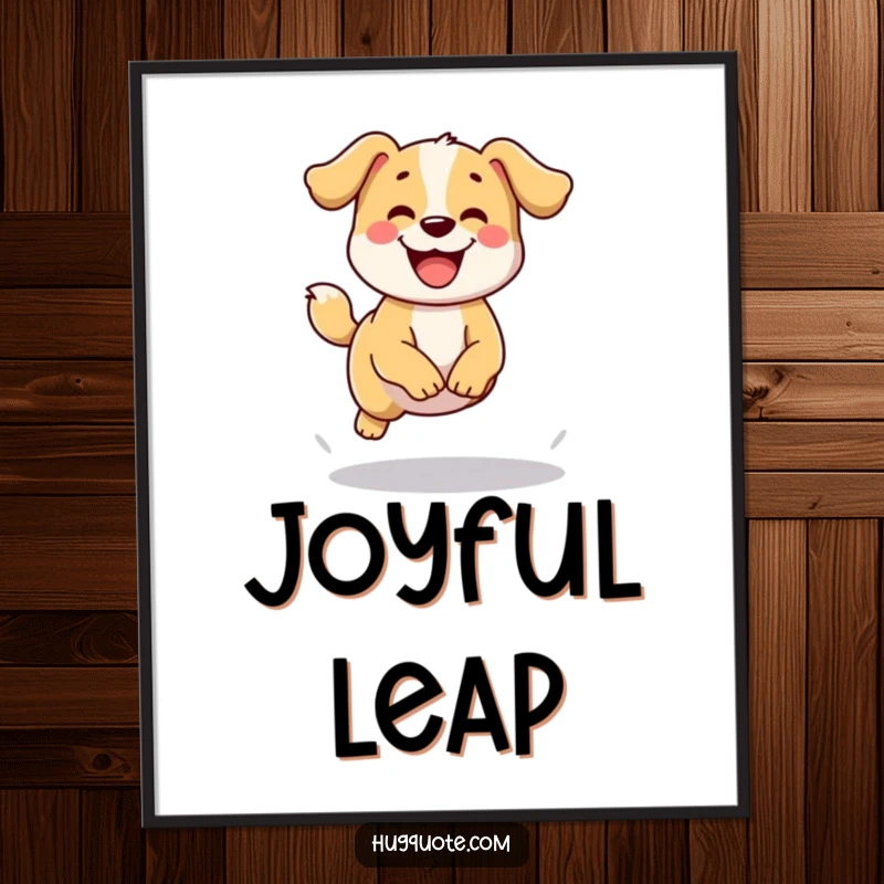 Funny poster art of a happy dog character wagging its tail and attempting a small jump, conveying infectious joy and energy.