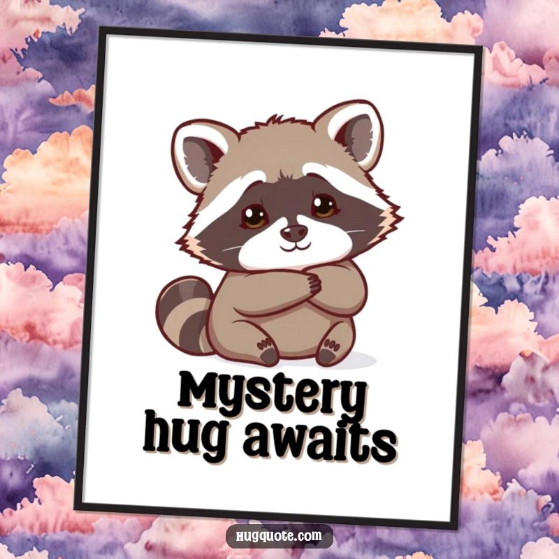 Funny Raccoon Poster featuring a curious raccoon peeking from behind a hug, adding playful decor and humor.