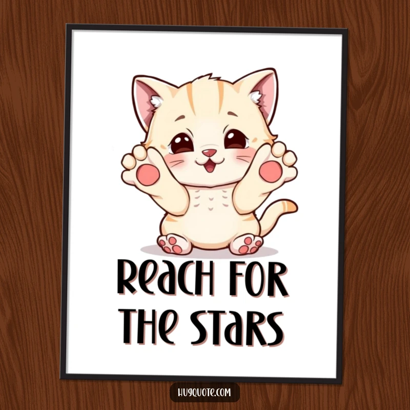Funny poster art of a playful kitten character extending its paws, inviting a hug with adorable charm.
