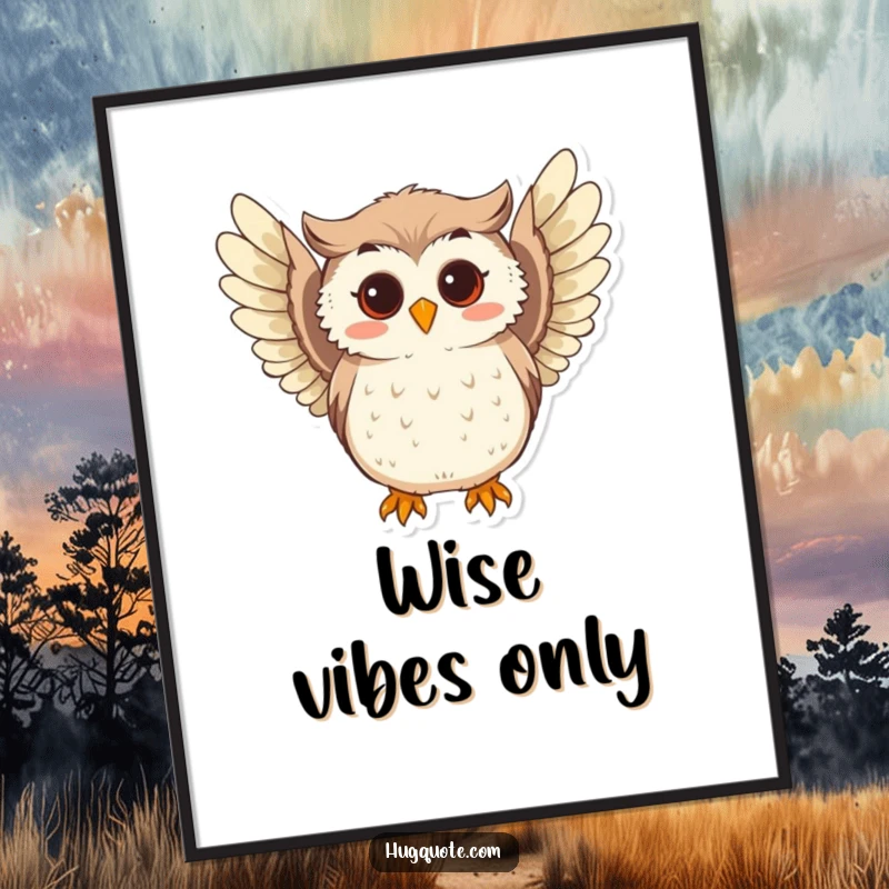 Funny poster art of a curious owl character softly hooting and extending its playful wings, conveying wisdom and gentle curiosity.