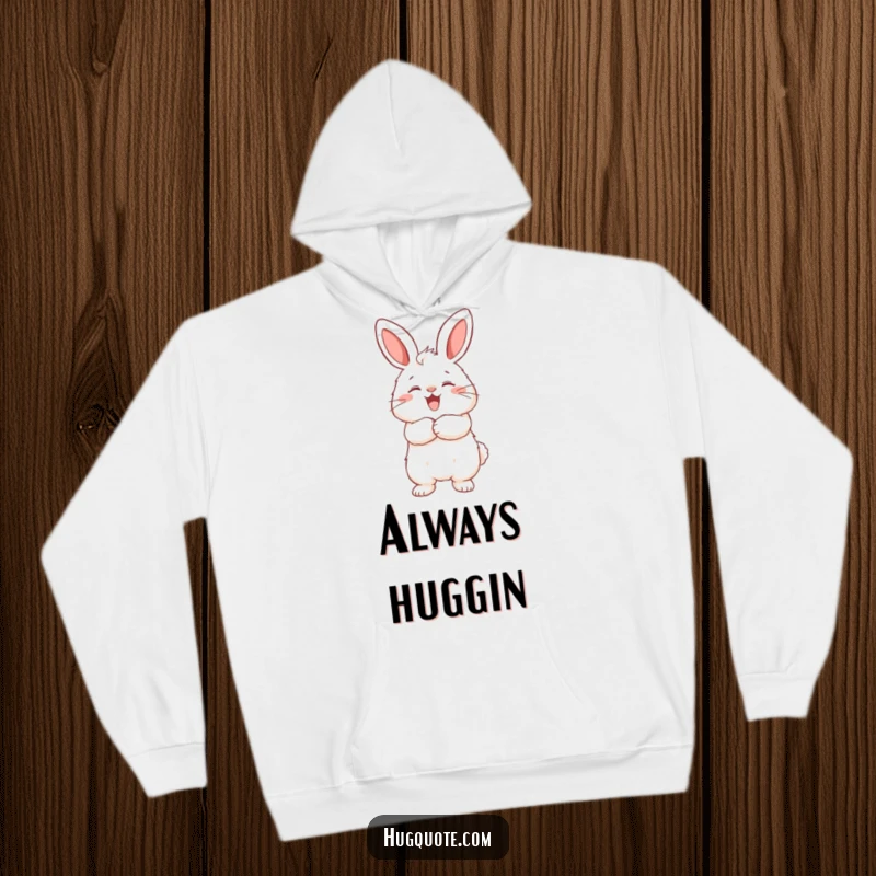 Funny hoodie showcasing a fluffy bunny character joyfully offering an embrace to an unseen friend, perfect for cozy days.