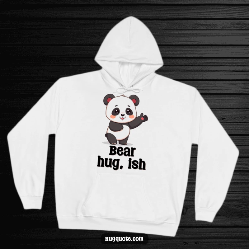 Funny panda character offering a comforting one-armed hug, perfect for a soft and warm cartoon hoodie.