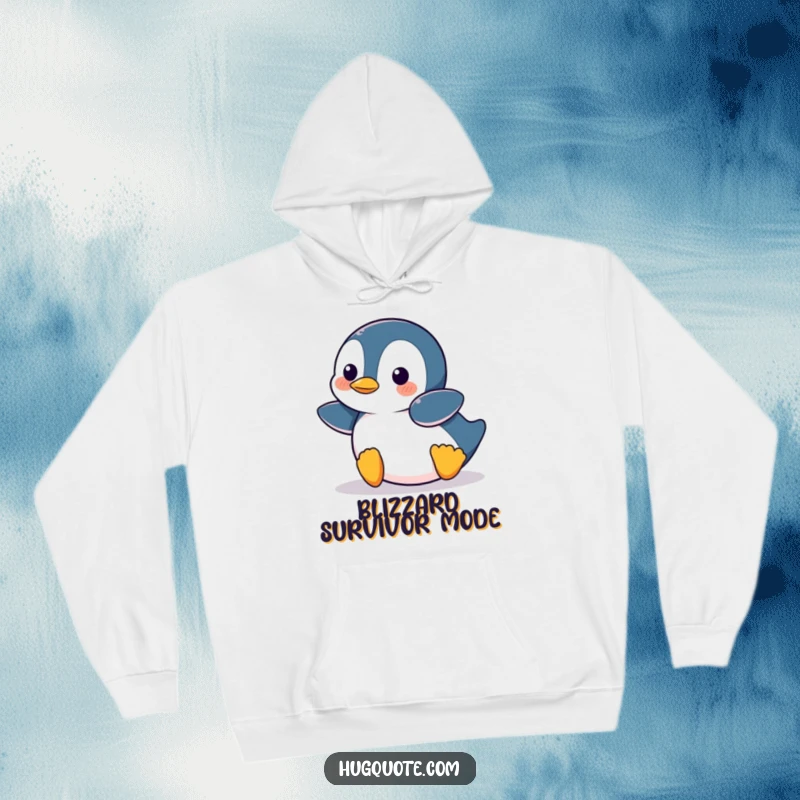 Funny Penguin character sliding hilariously on its belly, offering warm cartoon comfort and humor on a hoodie.