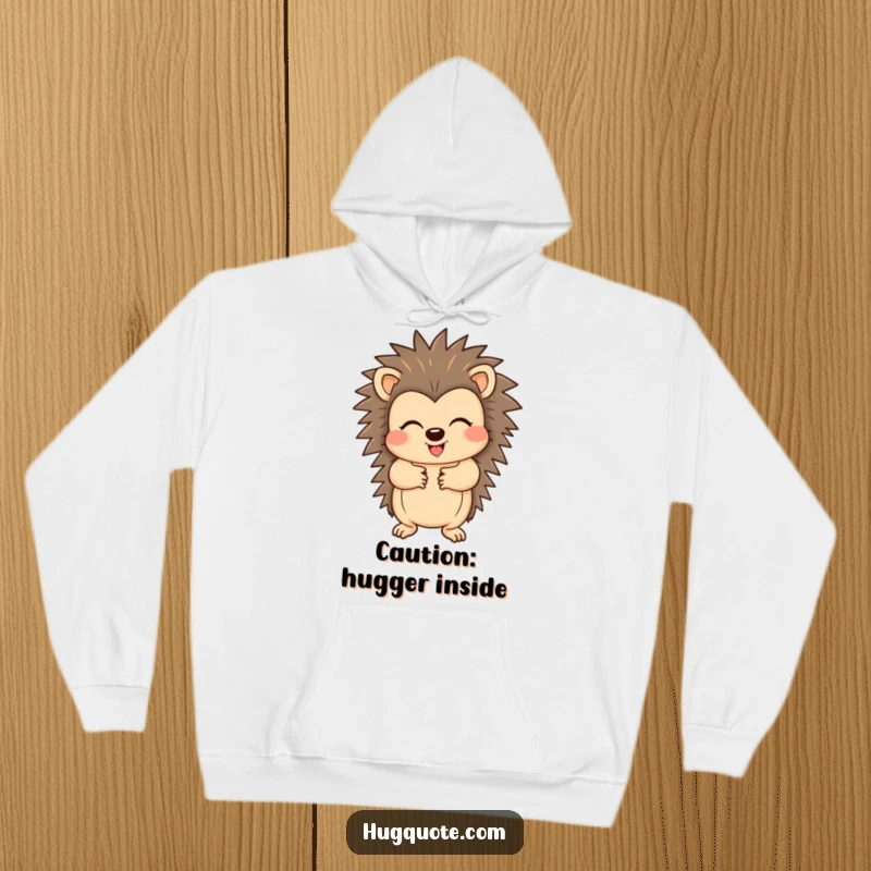 Funny hoodie featuring a cheerful hedgehog character offering a cozy hug with outstretched paws, embodying warmth and playful humor.