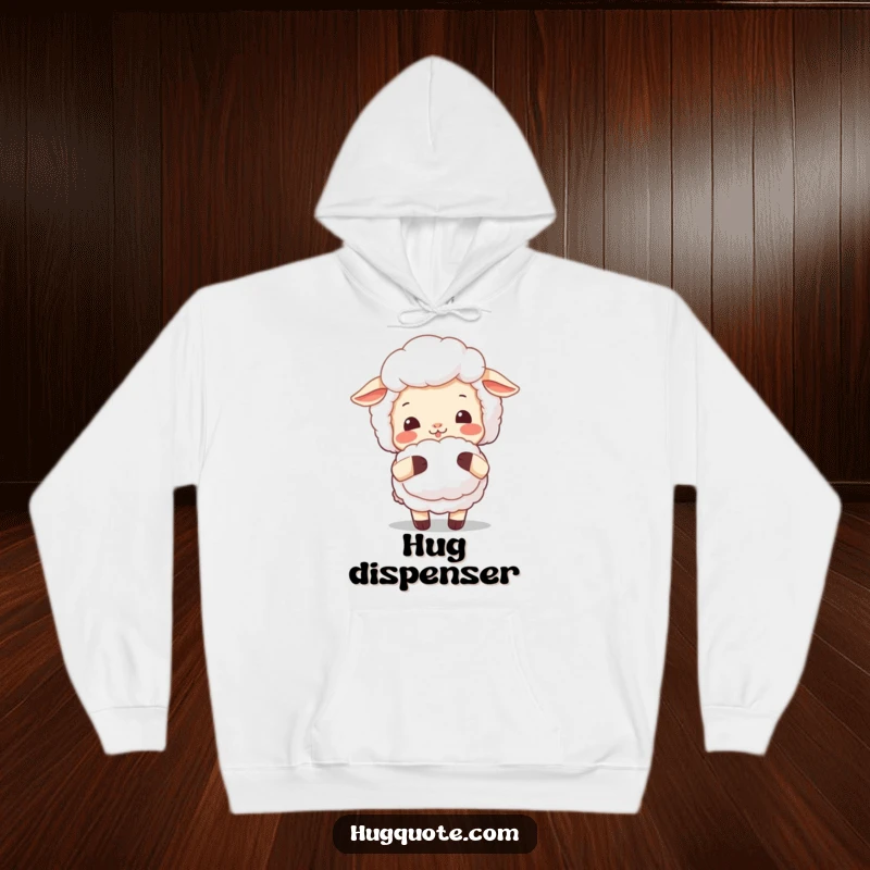 Funny sheep hoodie featuring a smiling sheep offering a fluffy hug, providing ultimate comfort and irresistibly cute warmth.