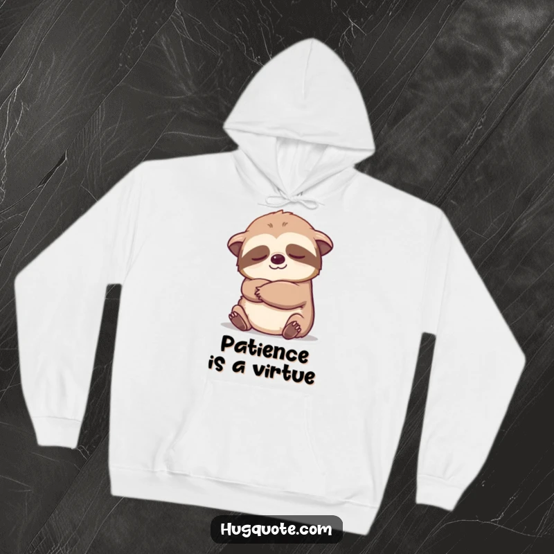 Funny sloth character offering a slow, gentle embrace on a warm and cozy cartoon hoodie.