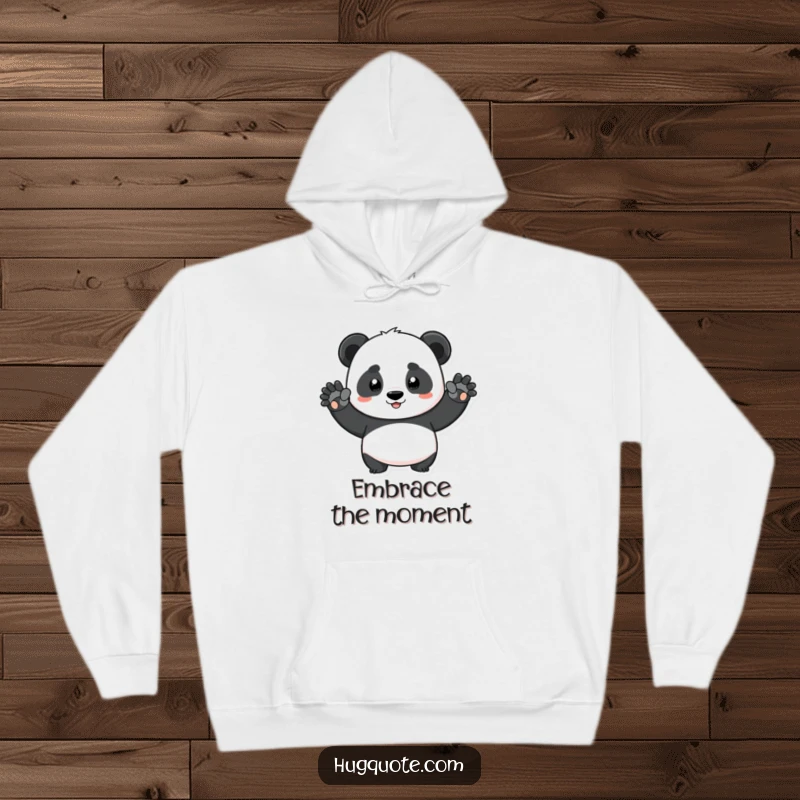 Funny determined panda character stretching arms wide for a hug on a soft hoodie, offering cozy comfort and humor.