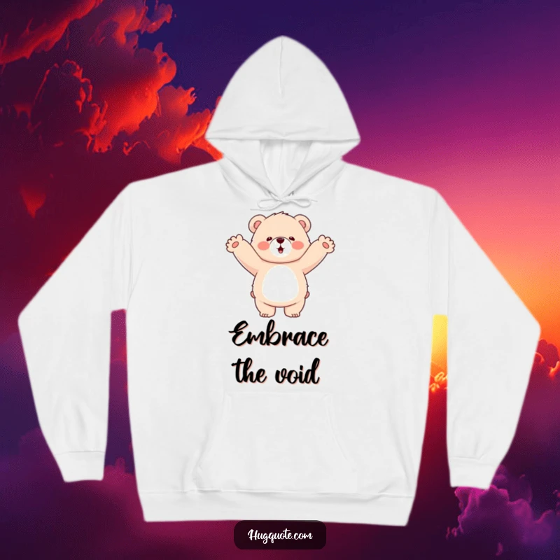 Funny hoodie showcasing a fluffy bear character enthusiastically embracing empty air, perfect for expressing playful affection and humor.