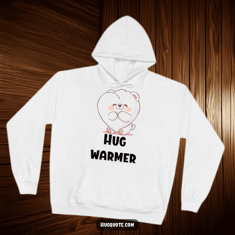 Funny hoodie depicting a fluffy bear character joyfully hugging a massive marshmallow heart, illustrating warmth and happiness.