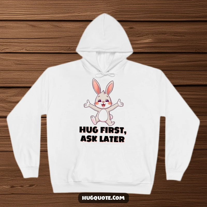 Funny hoodie showcasing a bunny character leaping actively with open arms, offering a cheerful and inviting hug.