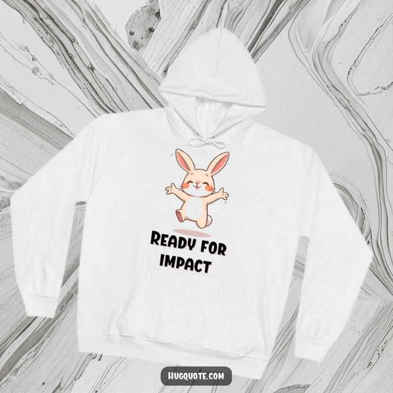Funny hoodie featuring a small bunny character leaping forward with open arms, ready for a hug, perfect for cozy cheer.