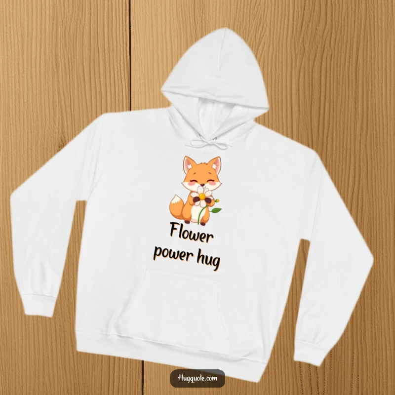 Funny hoodie featuring a small fox character happily hugging a delicate flower, radiating warmth and natural affection.