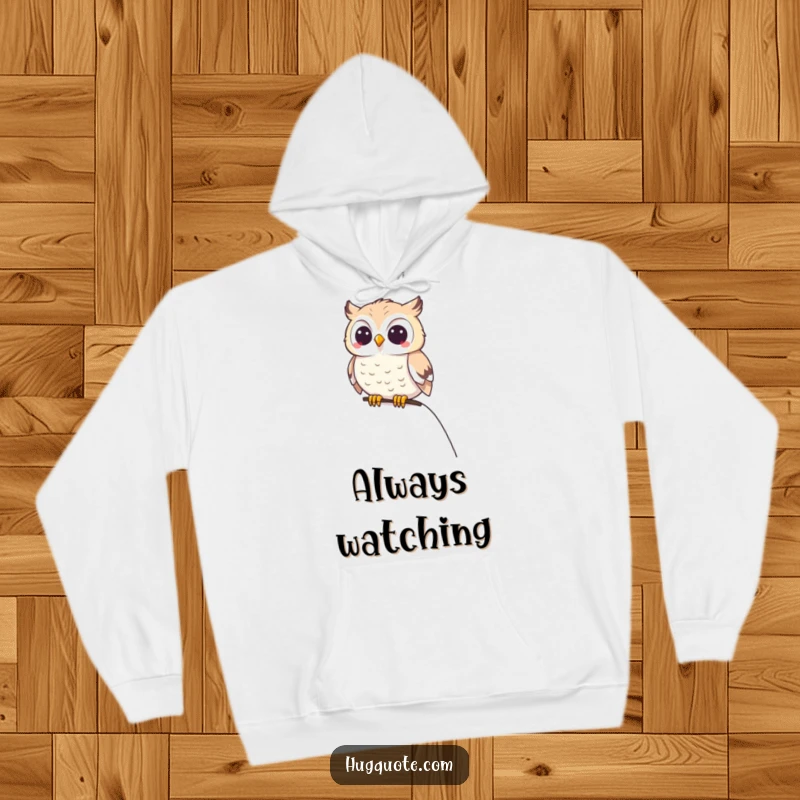 Funny small owl character perched happily on a shoulder, offering wisdom and humor on a soft hoodie.