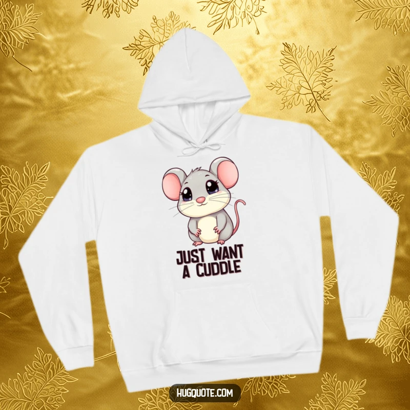 Funny mouse hoodie showcasing a kawaii mouse with big eyes peeking out, ready for a gentle hug, designed for comfort and cute, heartwarming appeal.