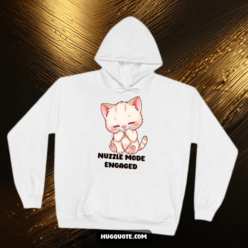 Funny hoodie showcasing a playful kitten character nuzzling into a fuzzy chest, radiating warmth, security, and adorable cuteness.