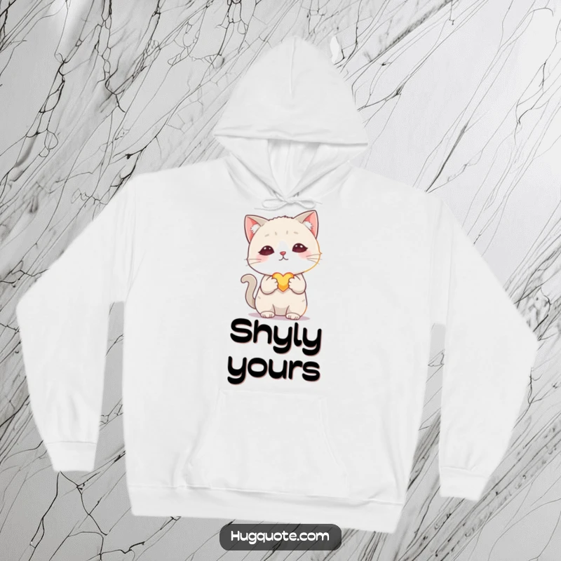 Funny hoodie showcasing a shy cat character offering a tiny, glowing heart with one paw, ideal for expressing gentle love.