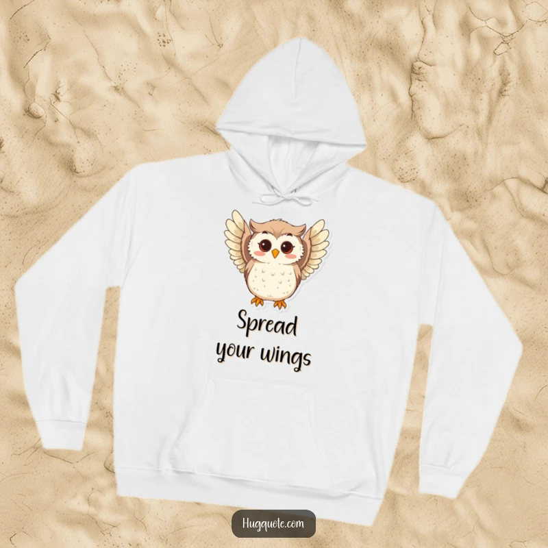 Funny hoodie featuring a curious owl character softly hooting and extending its playful wings, perfect for cozy wisdom and gentle humor.