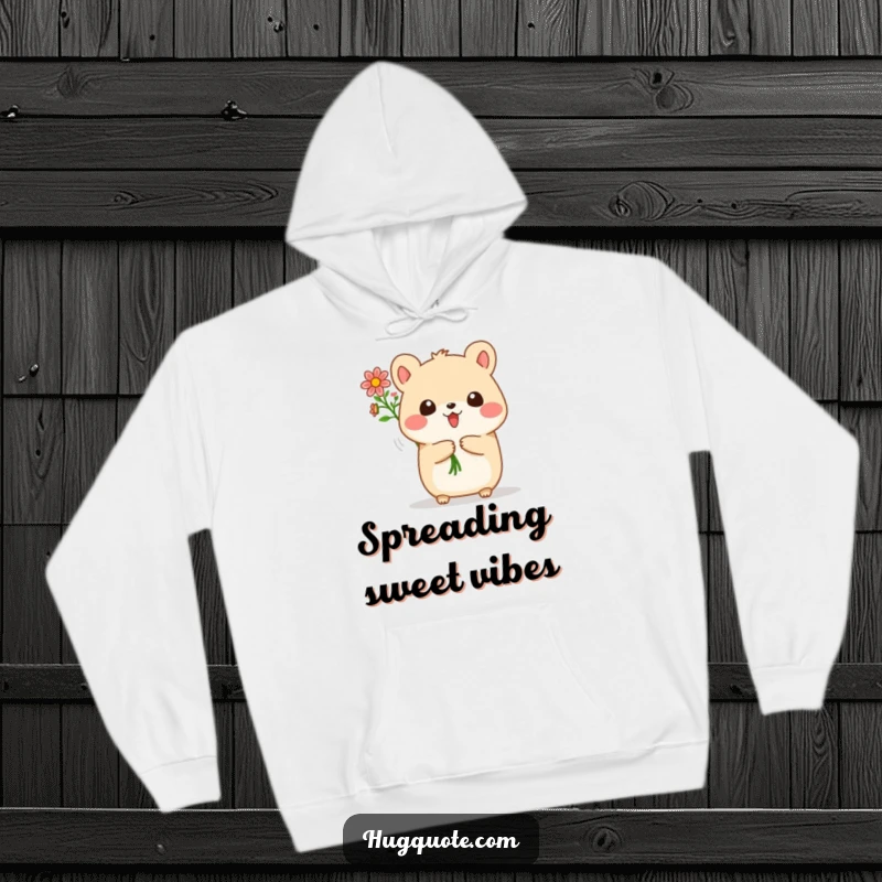 Funny hoodie showcasing a small, round animal character joyfully presenting a charming bouquet of tiny flowers, perfect for gifting.