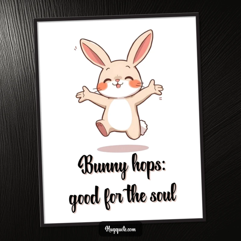 Funny Free Printable Wall Art depicting a small bunny character leaping joyfully with open arms, full of anticipation and excitement.