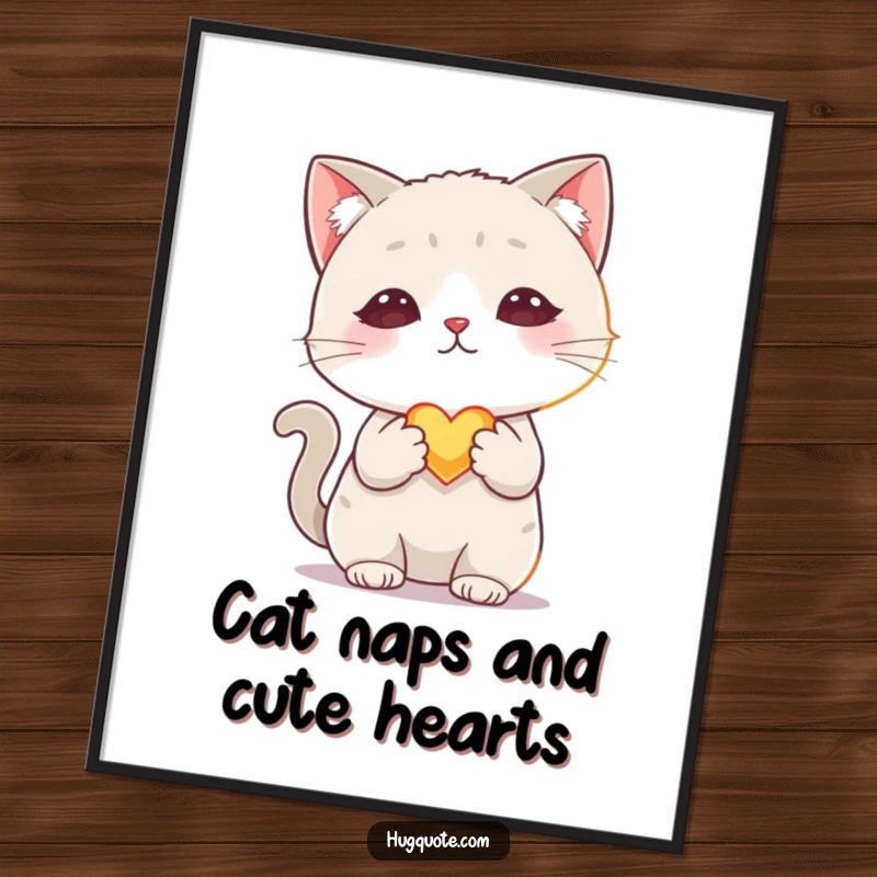 Funny Free Printable Wall Art of a shy cat character delicately offering a tiny, glowing heart, radiating warmth and affection.