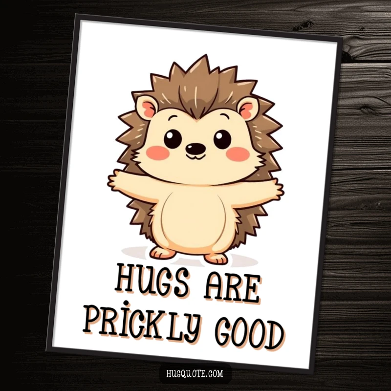 Free Printable wall art: Kawaii hedgehog with a curious, friendly expression, arms outstretched, inviting a warm, gentle hug.