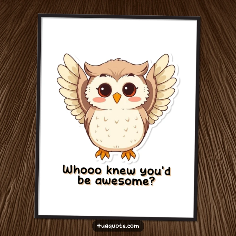 Funny Free Printable Wall Art of a curious owl character softly hooting with its playful wings extended outwards, exuding wisdom and charm.
