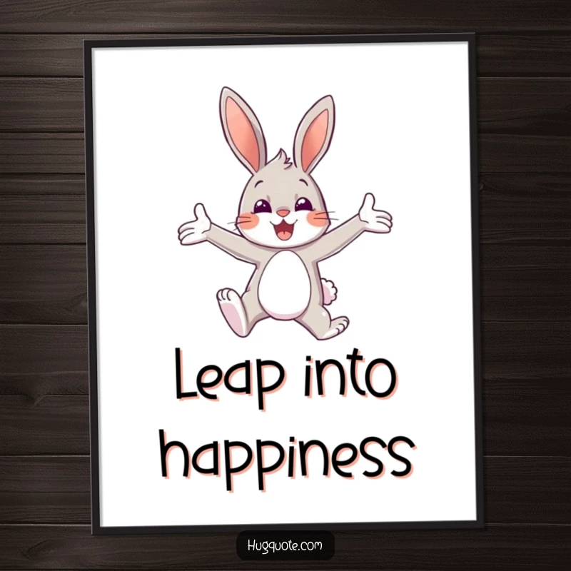 Funny Free Printable Wall Art: A happy bunny character leaping into a cheerful embrace with open arms, full of joy, downloadable art.