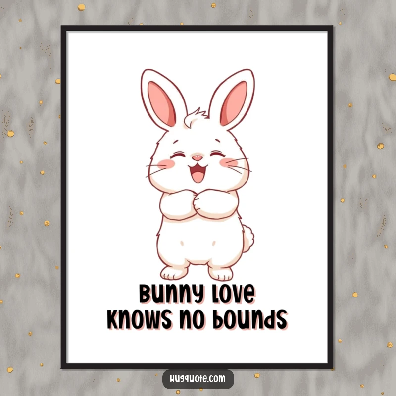 Funny free printable wall art featuring a fluffy bunny character joyfully embracing an unseen friend with open arms.