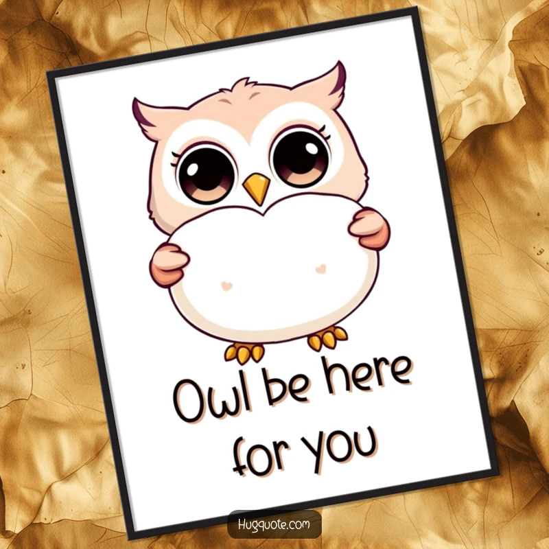 Funny Free Printable Wall Art: A happy owl with wide eyes presents a big, fluffy heart-shaped pillow, adding charm.