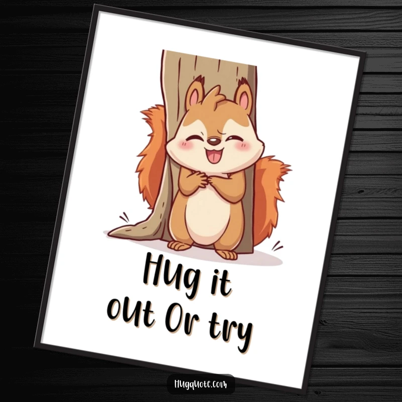 Funny Free Printable wall art: Kawaii squirrel comically failing to embrace a huge object, expressing humorous struggle and determination.