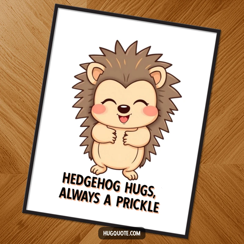 Funny free printable wall art of a cheerful hedgehog character offering a welcoming hug with its outstretched paws.