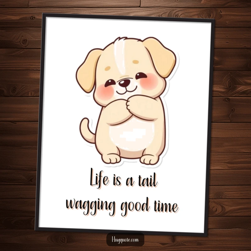 Funny Free Printable Wall Art: Chubby puppy character wagging its tail excitedly during a loving hug, perfect for cheerful decor.