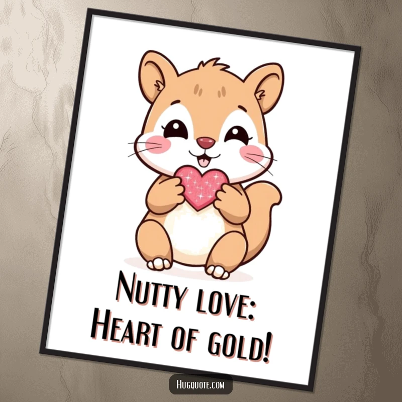 Funny Free Printable Wall Art featuring a cheerful squirrel character holding a small, sparkly heart, a sweet and loving decorative piece.