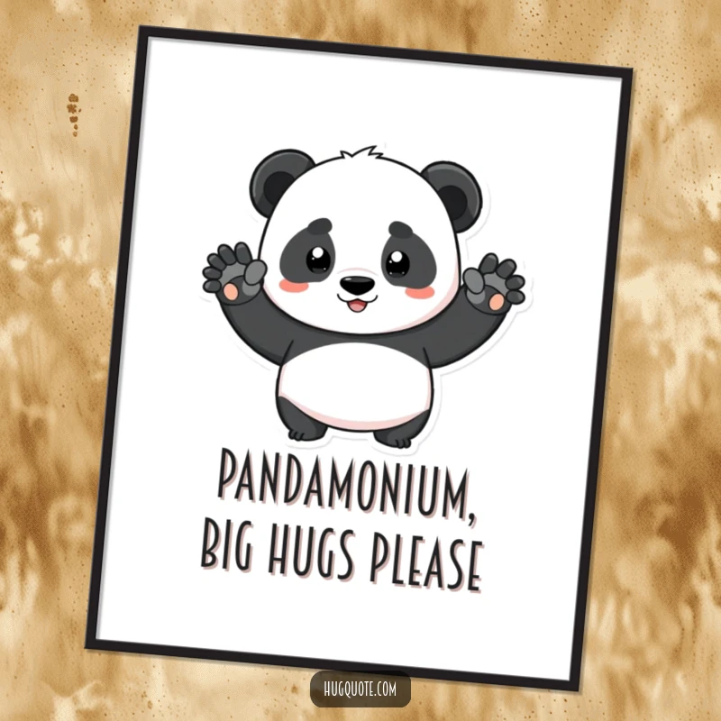 Funny Free Printable Wall Art of a determined panda character stretching its arms out for a big squeeze.